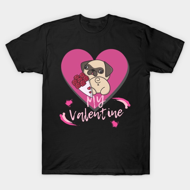 My Valentine with a Kawaii Style Dog Pink Heart and Flowers T-Shirt by Apathecary